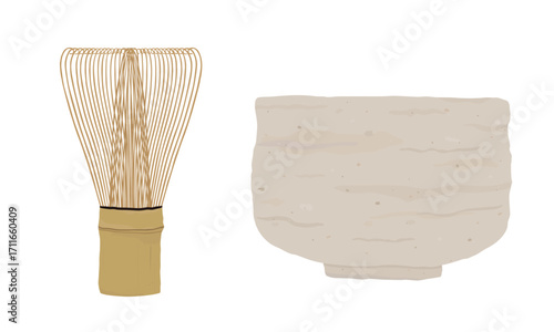 Bamboo matcha green tea whisk and matcha bowl. Hand drawn illustration vector. Chasen.