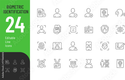 
Biometric Identification line Editable Icons set. Vector illustration in modern thin line style of personal data related icons: biometric, barcode, passport, and more. 