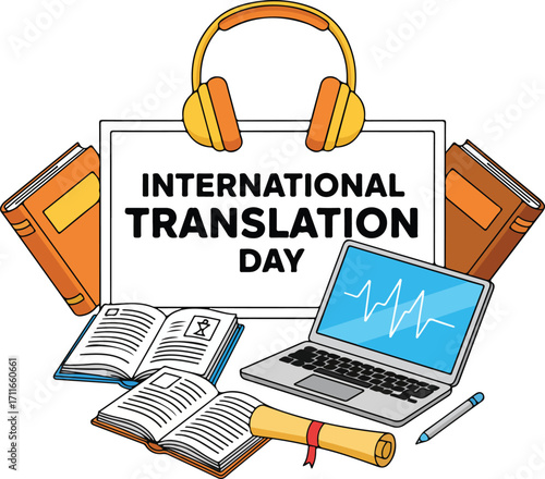 International translation day with books, headphones, and laptop isolated on white background
