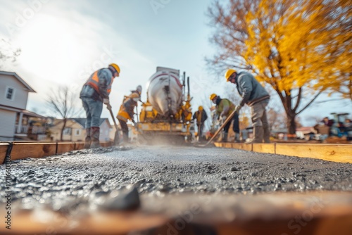 Construction workers pour concrete for a new sidewalk in a residential area during a sunny autumn afternoon