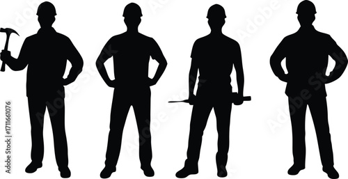 Silhouette of Construction Workers Team with Tools,onstruction workers team vector art design,construction uniforms vector,work silhouettes collection,Construction workers,Builder, Engineer, Ai
