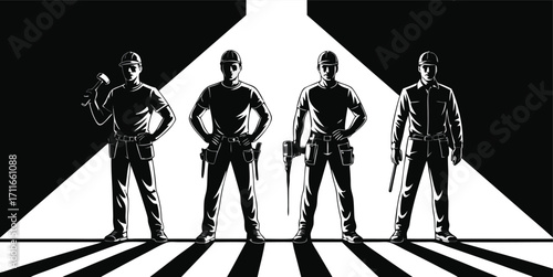 Silhouette of Construction Workers Team with Tools,onstruction workers team vector art design,construction uniforms vector,work silhouettes collection,Construction workers,Builder, Engineer, Ai