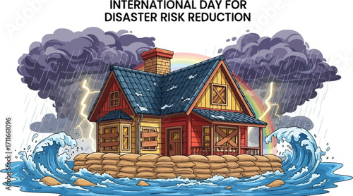 International day for disaster risk reduction illustration of a house in flood