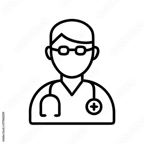 Line art icon of a doctor wearing glasses and stethoscope isolated on transparent background