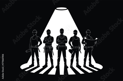 Silhouette of Construction Workers Team with Tools,onstruction workers team vector art design,construction uniforms vector,work silhouettes collection,Construction workers,Builder, Engineer, Ai