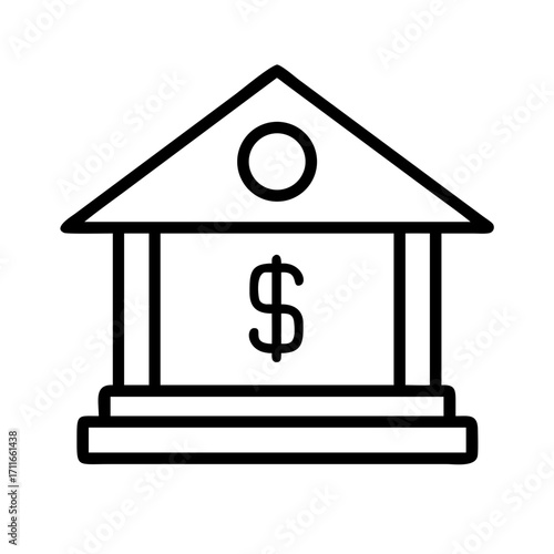 Simple outline icon of a bank building with a dollar sign isolated on transparent background