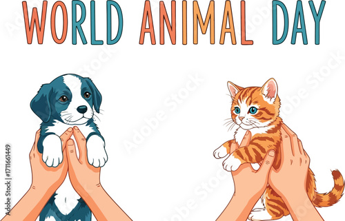 Celebrating world animal day with a cute dog and cat in hands