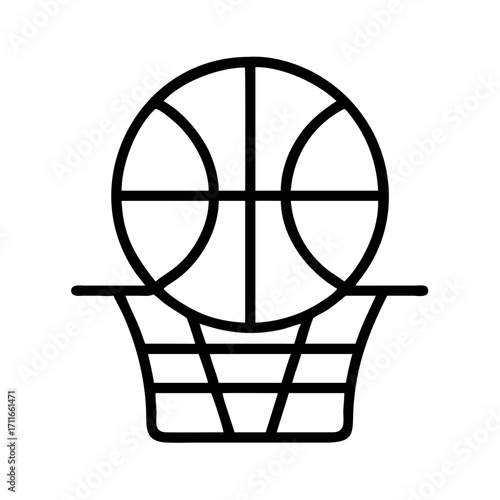 Simple line art basketball going through hoop isolated on transparent background
