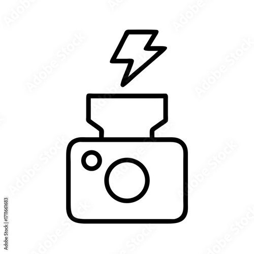 Outline of a camera with a lightning bolt symbol indicating flash isolated on transparent background