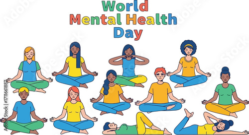 Diverse group of people meditating in yoga pose for world mental health day