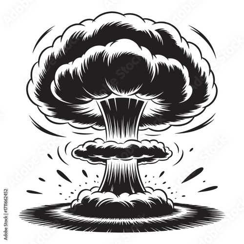 Monochromatic Nuclear Explosion Illustration Embodying the Destructive Power of Atomic Warfare with a Mushroom Cloud and Ground Impact Showing the Raw Energy Release and Aftermath