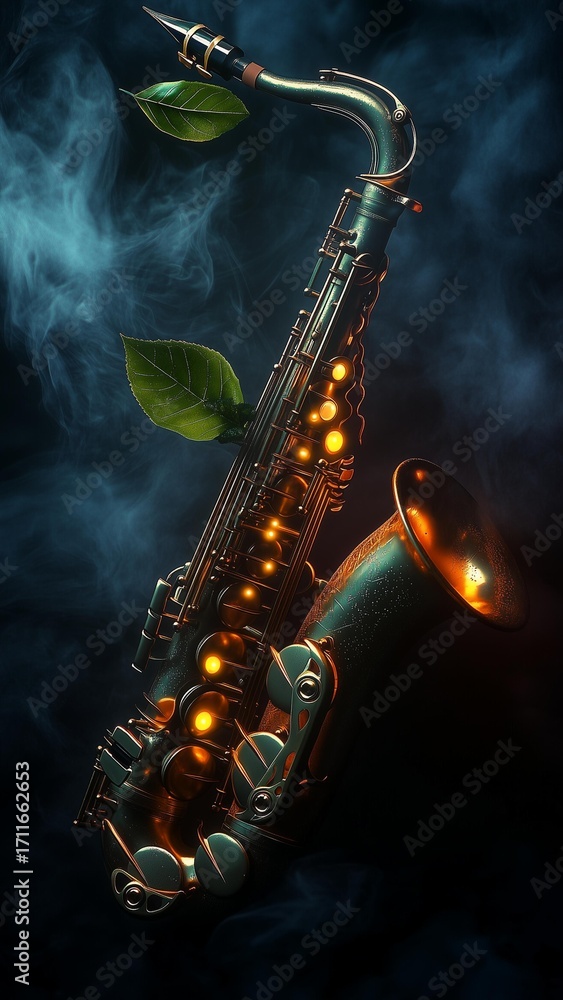 Obraz premium Leaf-bell saxophone with gowing bud keys in smoky jaz club setting.