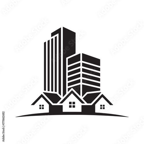Modern Real Estate Development and Urban Living a Fusion of Residential Houses and Tall Skyscrapers in a Thriving City Landscape, Innovative Architectural Design