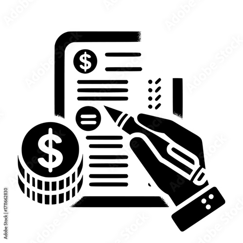 Billing document with dollar icon which shows invoice black vector icon with transparent background 