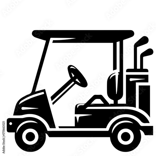 Illustration of a golf cart with a steering wheel and golf clubs in a bag on the back side view 100c