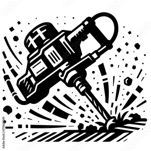 Illustration of a jackhammer breaking ground with debris and impact lines in a bold black and white style