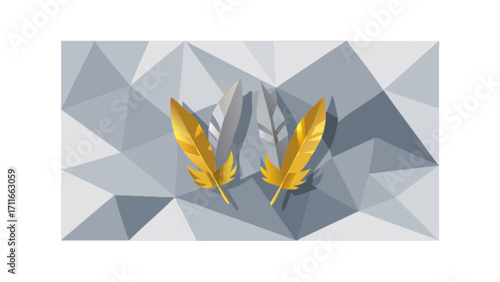 Two golden feathers and two gray feathers on a geometric gray and white background illustration