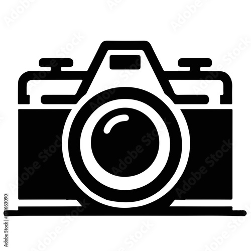 Illustration of a professional camera with a large lens and visible buttons in black and white design