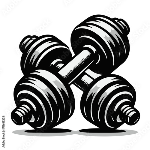 Illustration of two crossed dumbbells with a black and white color scheme and detailed line work style