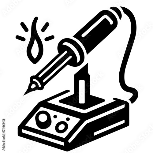 Illustration of a soldering iron on a stand with a heat symbol indicating that it is hot and ready to use