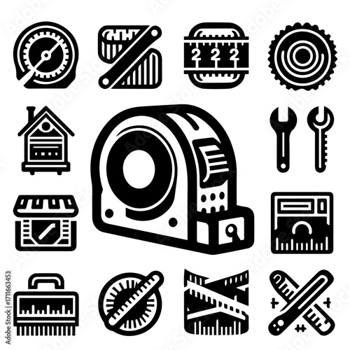 Illustration of various tools including a tape measure wrenches and a brush in black and white style