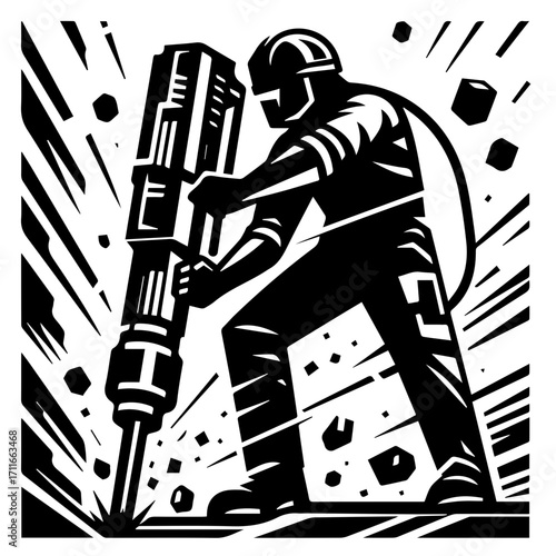 Illustration of a construction worker using a jackhammer in black and white with debris around him