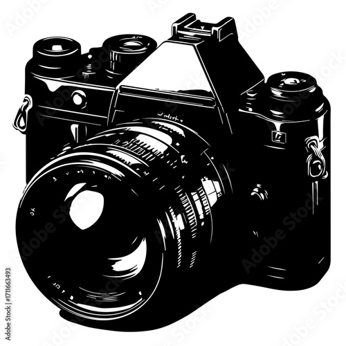 A detailed monochrome illustration of a vintage slr camera with a prominent lens and various controls