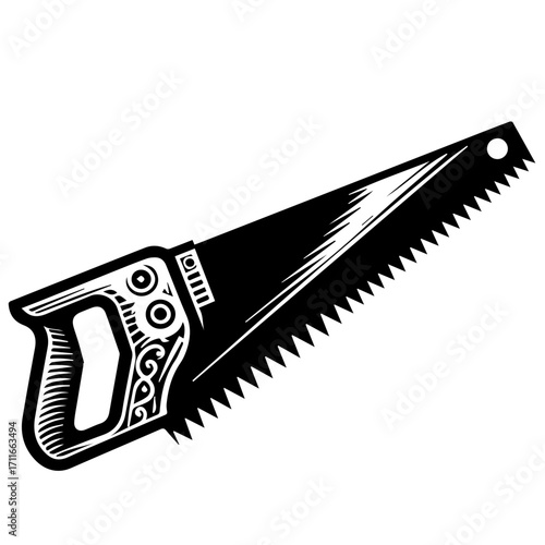 Illustration of a hand saw with decorative handle design in black and white color scheme isolated