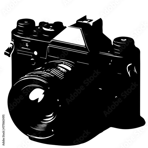 Illustration of a vintage single lens reflex camera with a prominent lens in black and white style