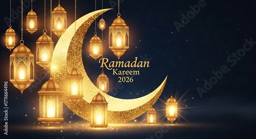 A festive ramadan kareem 2026 illustration featuring golden lanterns and a crescent moon against a dark blue background, perfect for greeting cards and decorations