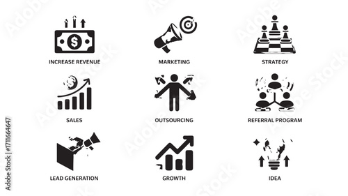 Nine black glyph icons representing business strategy marketing sales growth outsourcing and lead generation conveying concepts of increase revenue referral program and idea