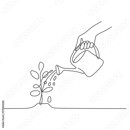 Watering potted houseplant in single line draw illustration. Continuous one line drawing of Watering can and plant. Isolated on a white background, as a modern illustration.
