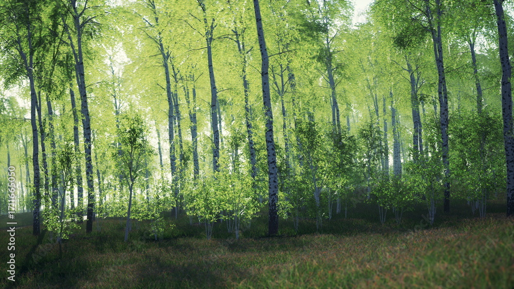 Obraz premium Sunlight filters through vibrant green leaves, illuminating a tranquil forest filled with tall trees and gentle underbrush. Nature awakens in the peaceful ambiance of the early morning.
