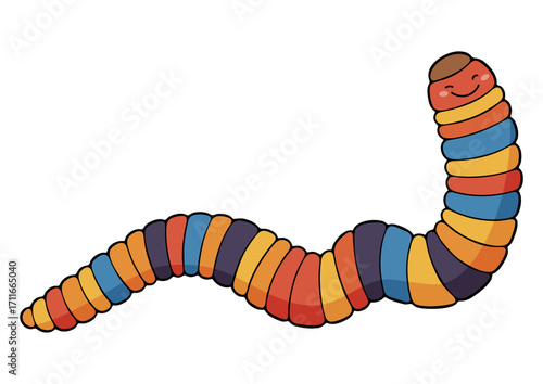 Cute worm with happy face and colorful segmented body. Useful animal for agriculture, loosening and fertilizing the soil, ecological farming. Fun bug illustration for child book.