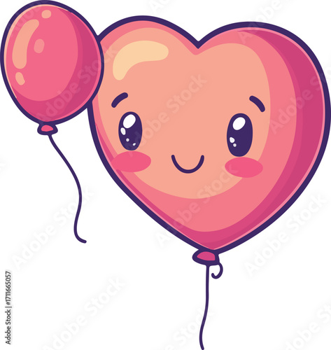 Cute pink heart shaped balloon character with a smaller balloon floating happily together