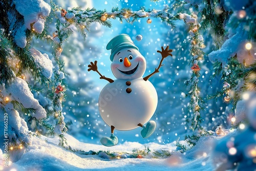 Cartoon snowman with exaggerated features joyfully hopping in a snowy winter landscape
