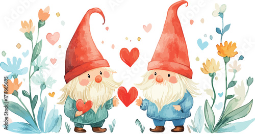 Two adorable watercolor gnomes holding hearts surrounded by delicate flowers and soft pastel colors