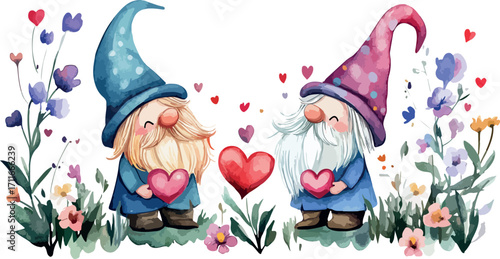 Two adorable watercolor gnomes holding hearts surrounded by wildflowers and small hearts on a white background