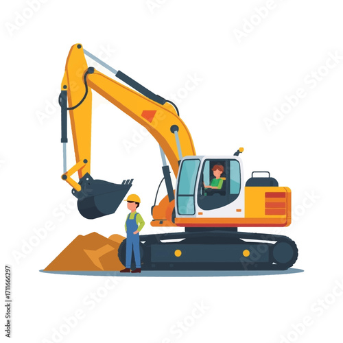 Construction worker with excavator, construction site background. Perfect for industrial, construction, and heavy machinery concepts in design projects.