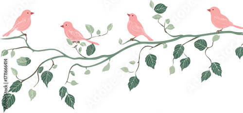 Four delicate pink birds perched on a whimsical green branch with leaves and small buds against a white background