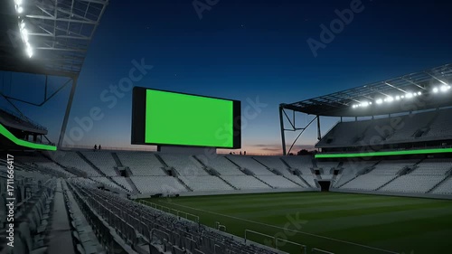 Empty Modern Sports Stadium at Night with Green Screen Scoreboard Ready for Content Insertion