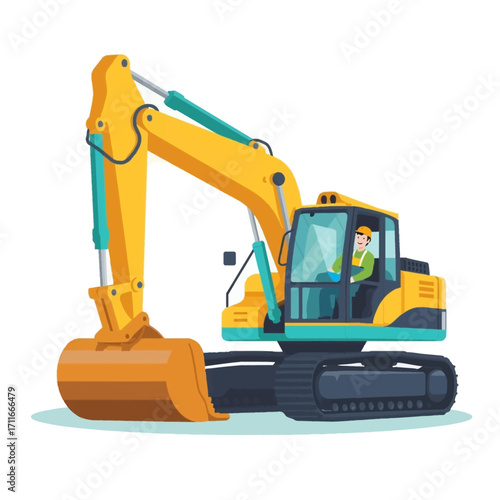 Worker operating a yellow excavator at a construction site. Suitable for construction, engineering, heavy machinery, and industrial concepts.