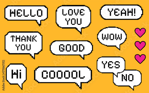 Pixel speech bubbles.  Set of various chat and dialogue boxes with text messages, like hearts.