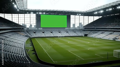 Wallpaper Mural Empty Modern Football Stadium with Green Screen Scoreboard and Lush Pitch, Ready for Match or Event Torontodigital.ca
