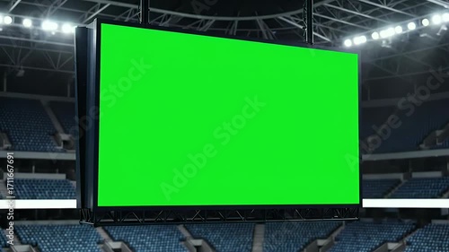Green screen stadium jumbotron in an empty arena with bright lights and seating, ready for sports or event content display.