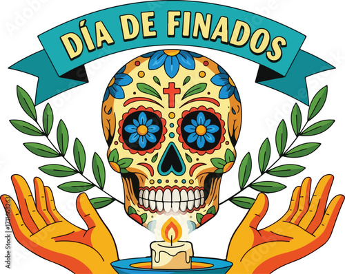 Dia de finados sugar skull illustration isolated on white background
