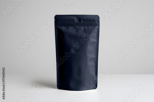 Dark blue stand up pouch packaging against a light background