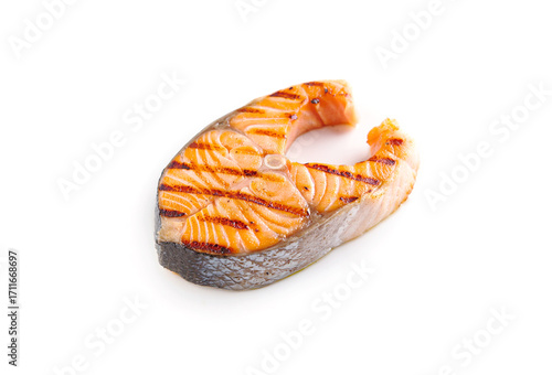 Grilled salmon steak, isolated on white background