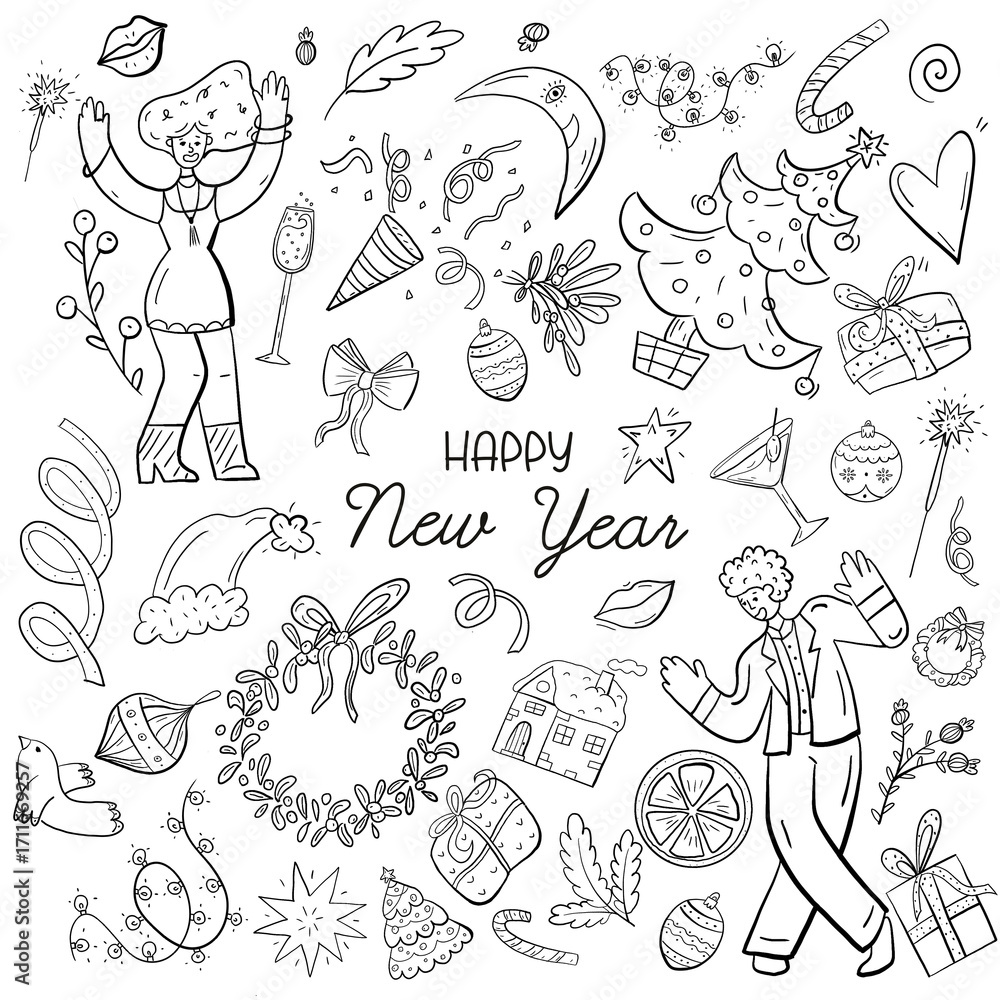Obraz premium A festive set on a transparent background with elements for New year and Christmas. Doodle Christmas Tree Wreath People Champagne Gifts.