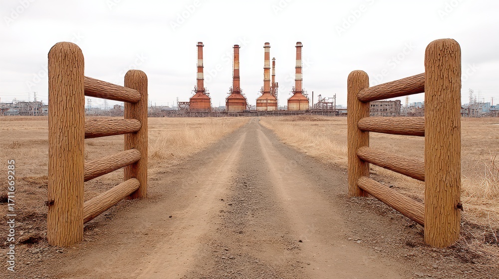 Naklejka premium Gravel Path to Industrial Plant Under Overcast Sky